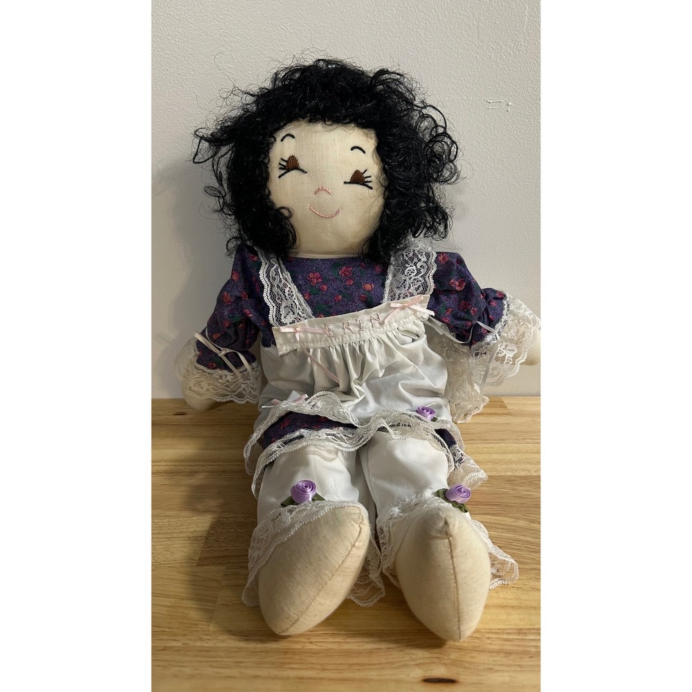 Vintage Handmade Rag Doll Erin Embroidered Face Floral Lace Dress Bloomers 18in
